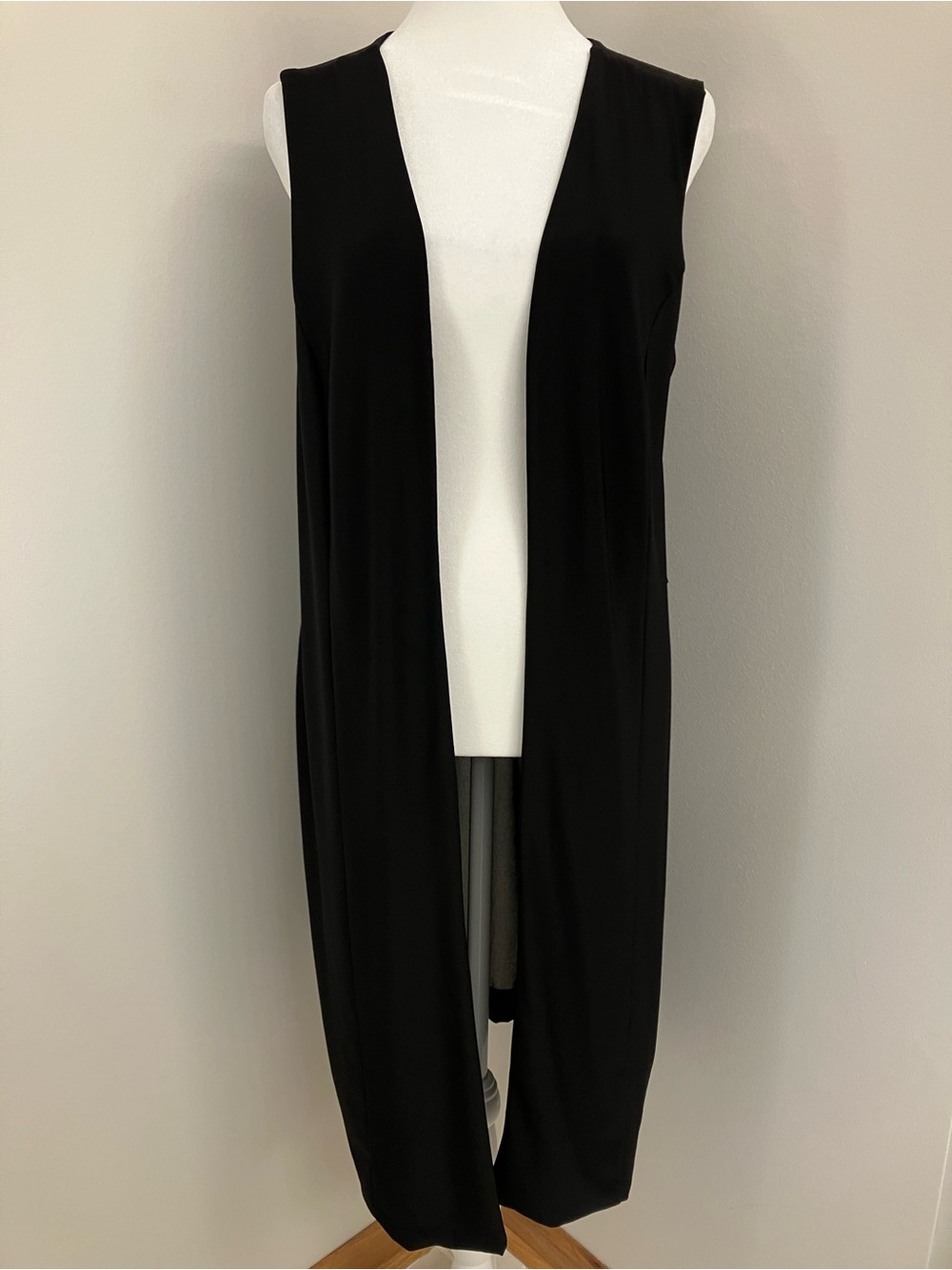 Joan Vass Black Sleeveless Long Open Vest with Chiffon Back Panel and Faux Belt